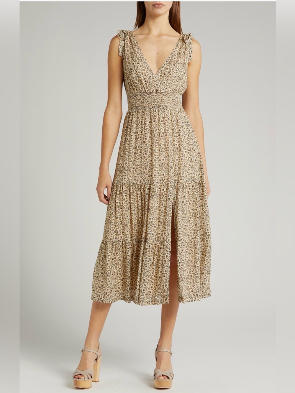 PAIGE Karlissa Floral Linen Midi Dress Cream Printed V-Neck